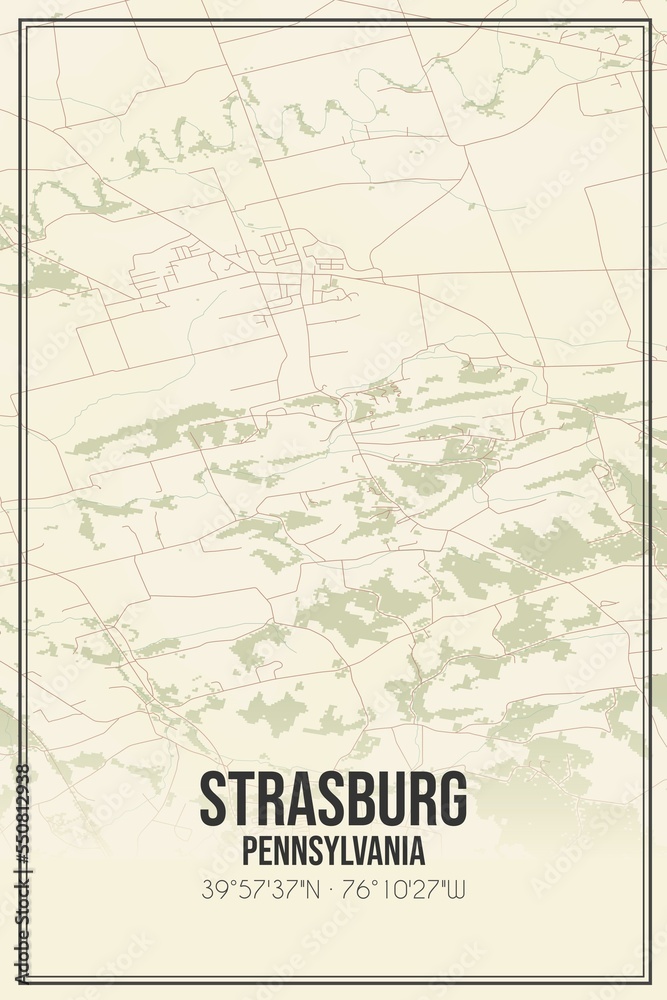 Retro US city map of Strasburg, Pennsylvania. Vintage street map.