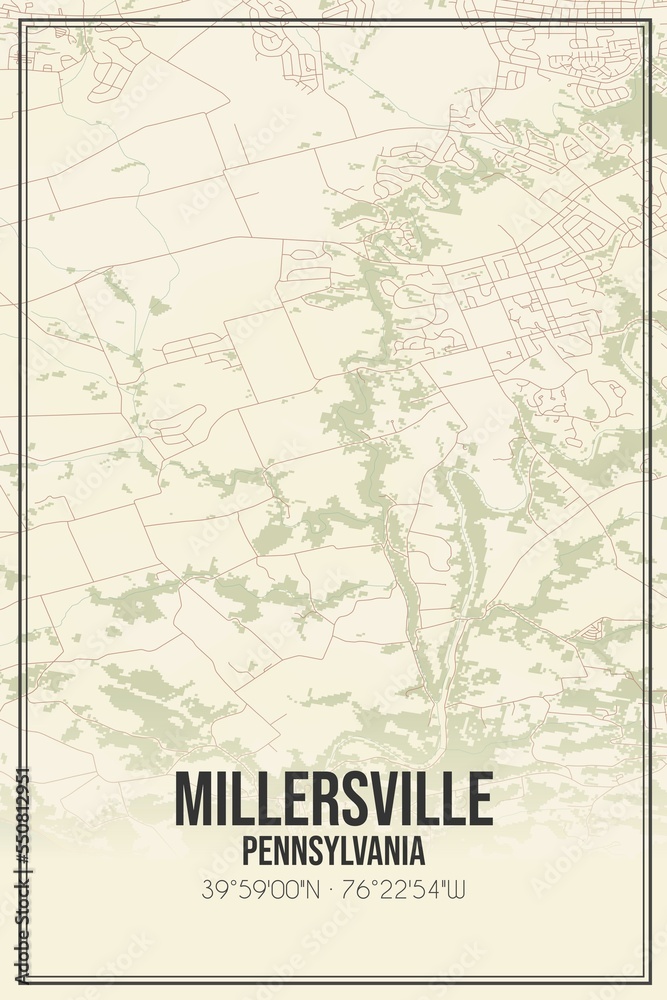 Retro US city map of Millersville, Pennsylvania. Vintage street map.