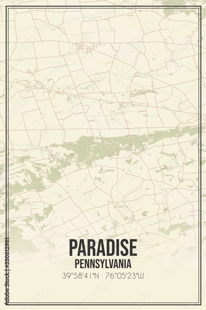 Retro US city map of Paradise, Pennsylvania. Vintage street map.