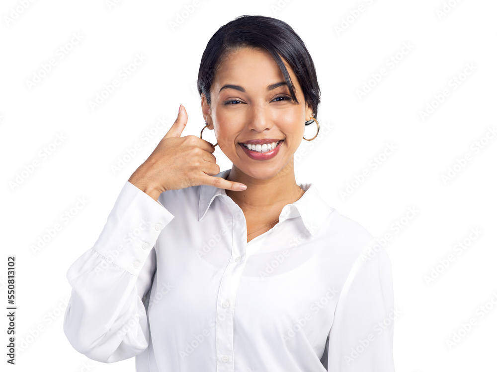 PNG Studio shot of a confident young businesswoman making a call me gesture against a grey background PNG Studio shot of a confident young businesswoman making a call me gesture against a grey background