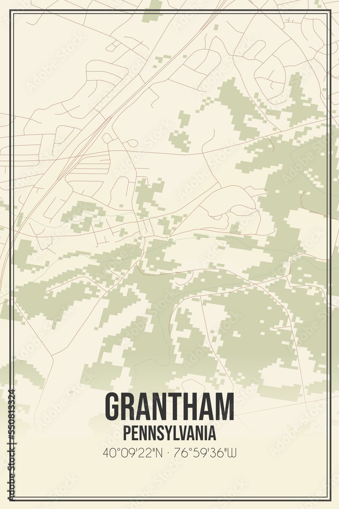Retro US city map of Grantham, Pennsylvania. Vintage street map.