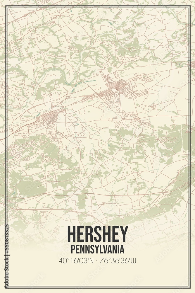 Retro US city map of Hershey, Pennsylvania. Vintage street map.