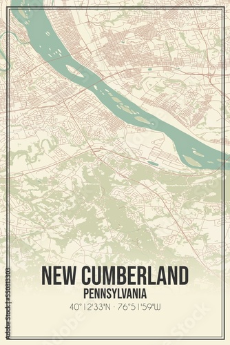 Retro US city map of New Cumberland  Pennsylvania. Vintage street map.