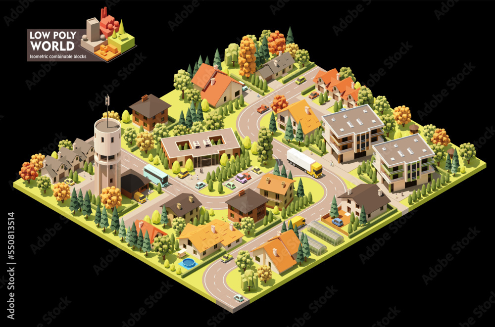 Vector isometric world map creation set. Combinable map elements. Small town map. Buildings, trees, water tower and office building