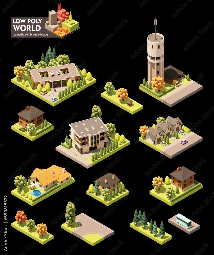 Vector isometric world map creation set. Combinable map elements. Countryside or village map. Buildings, trees, water tower and office
