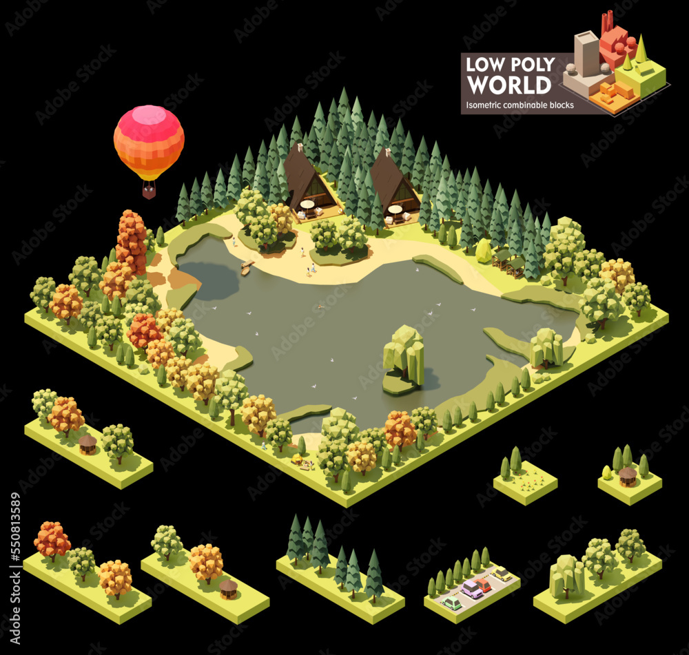 Vector isometric world map creation set. Combinable map elements. Lake resort. A-frame houses, on the shore of the lake, pine forest, gazebos and balloon, vacationers