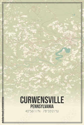 Retro US city map of Curwensville, Pennsylvania. Vintage street map.