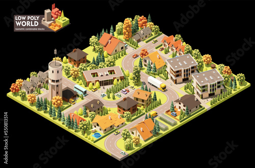 Obraz na płótnie Vector isometric world map creation set. Combinable map elements. Small town map. Buildings, trees, water tower and office building w salonie