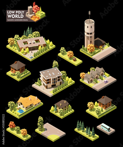 Obraz na płótnie Vector isometric world map creation set. Combinable map elements. Countryside or village map. Buildings, trees, water tower and office w salonie