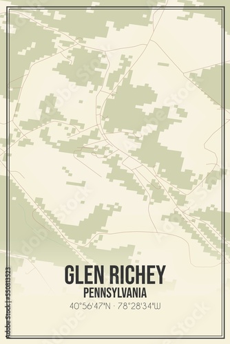 Retro US city map of Glen Richey  Pennsylvania. Vintage street map.
