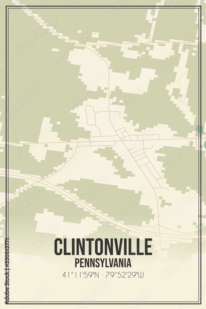 Fototapeta premium Retro US city map of Clintonville, Pennsylvania. Vintage street map.
