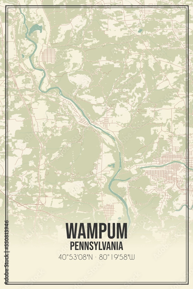 Retro US city map of Wampum, Pennsylvania. Vintage street map.
