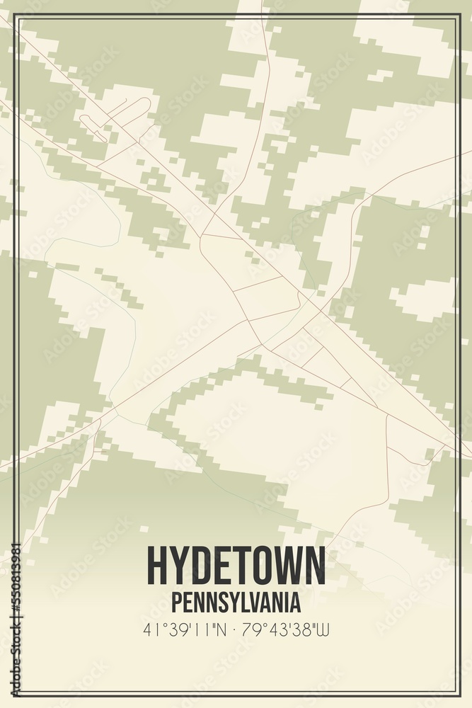 Retro US city map of Hydetown, Pennsylvania. Vintage street map.