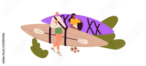 Kayakers couple going for kayaking, rafting. People carrying boats and paddles. Active man and woman walking, holding rowboats on summer holiday. Flat vector illustration isolated on white background