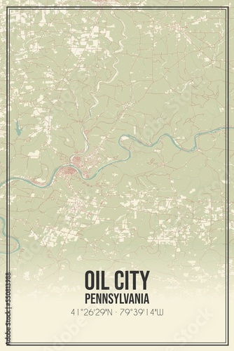 Retro US city map of Oil City, Pennsylvania. Vintage street map. photo