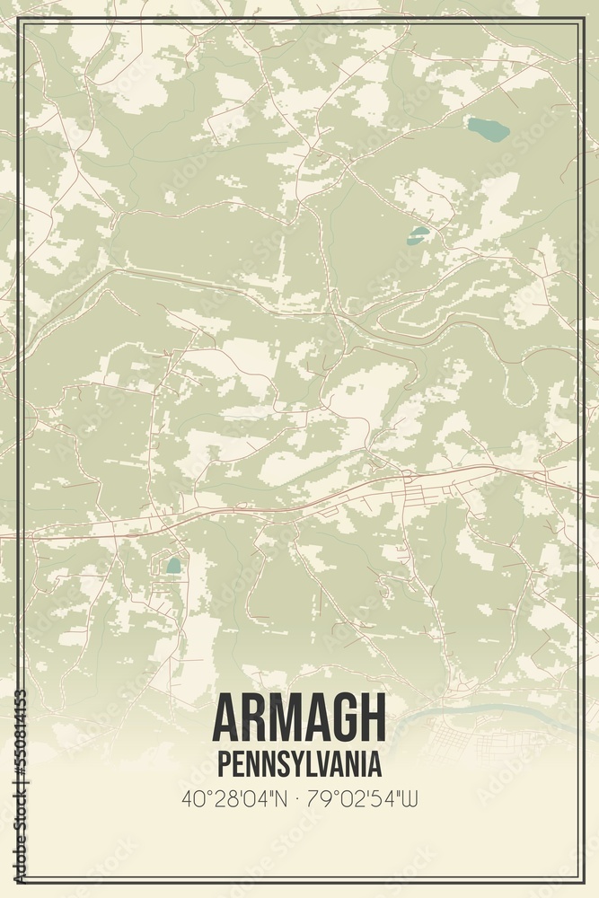Retro US city map of Armagh, Pennsylvania. Vintage street map.