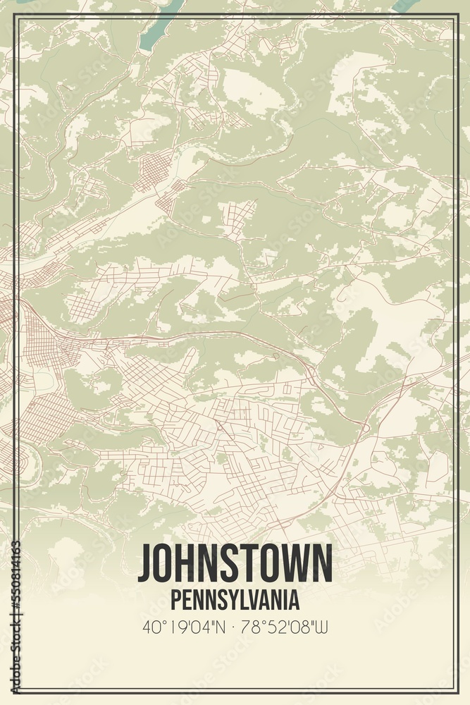 Retro US city map of Johnstown, Pennsylvania. Vintage street map.