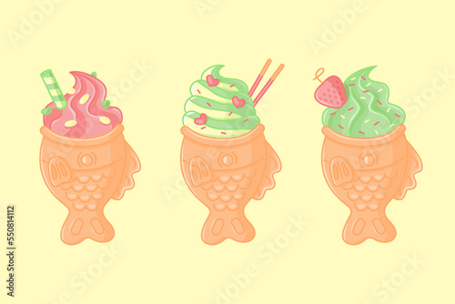 Multi-colored ice cream taiyaki. Cute cartoon illustration