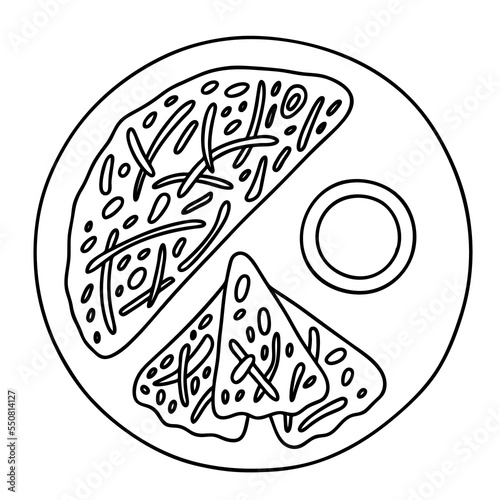 Pajeon with soy sauce oh the plate, korean traditional food. Vector outline illustration.