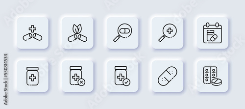 Medicines set icon. Cross, eco friendly, herbal, leaves, magnifier, pill schedule, jar, drug withdrawal, tick, patch, blister, band aid. Healthcare concept. Neomorphism style. Vector line icon