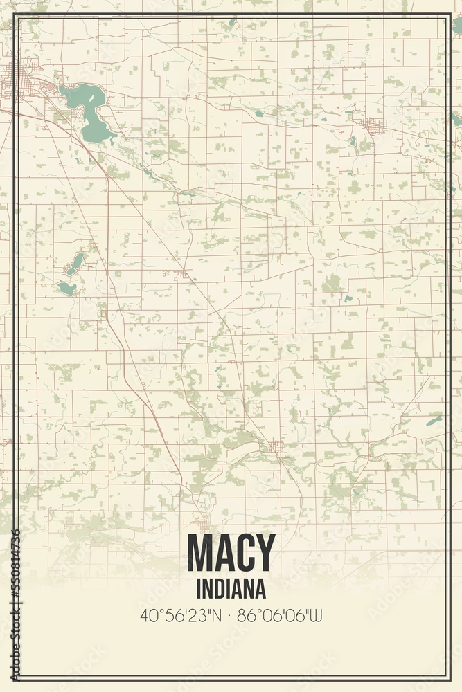 Retro US city map of Macy, Indiana. Vintage street map.