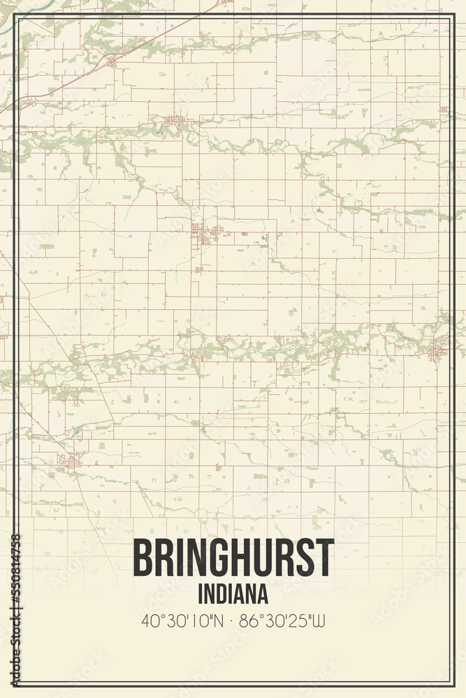 Retro US city map of Bringhurst, Indiana. Vintage street map.
