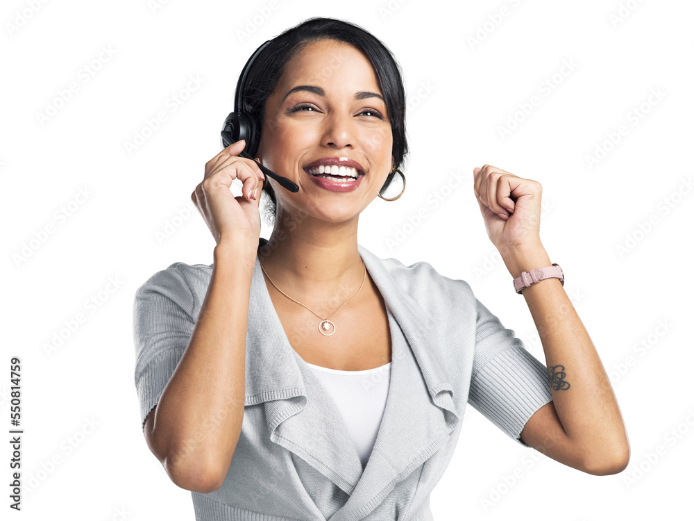 PNG Studio shot of a confident young businesswoman using a headset and cheering against a grey background PNG Studio shot of a confident young businesswoman using a headset and cheering against a grey background
