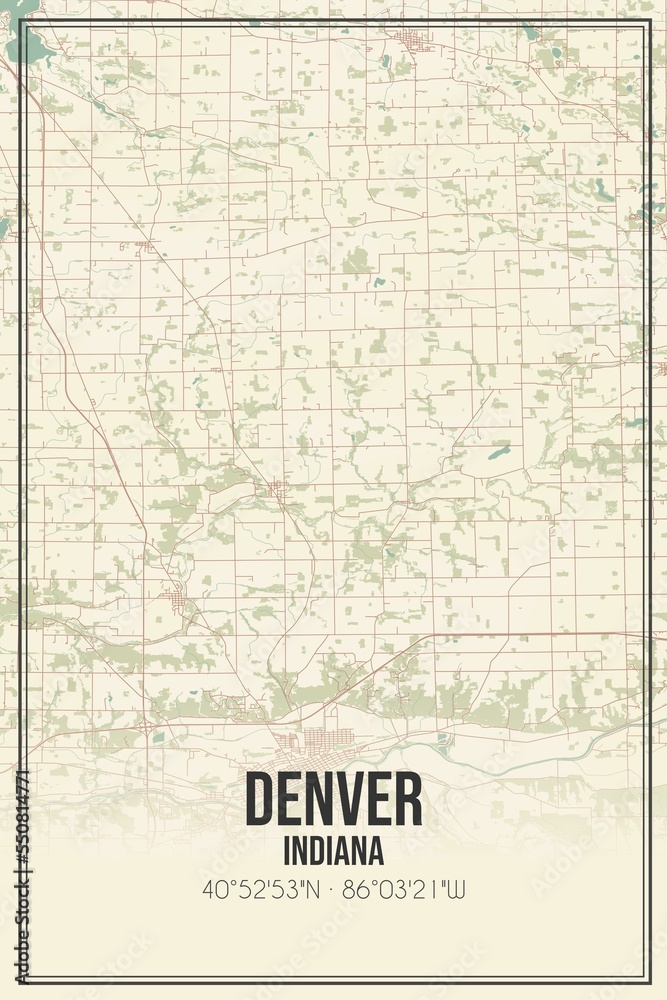 Retro US city map of Denver, Indiana. Vintage street map.