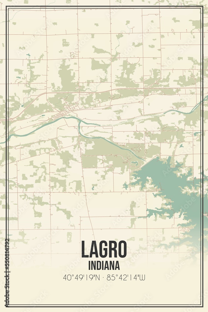 Retro US city map of Lagro, Indiana. Vintage street map.