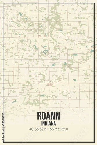 Retro US city map of Roann, Indiana. Vintage street map. photo