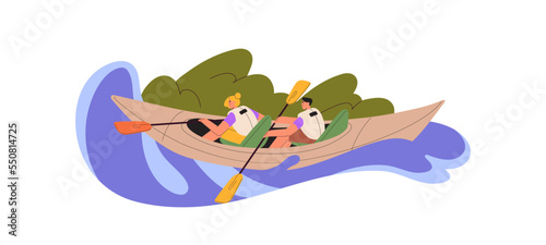 Couple and kayaking sport activity. People kayakers rowing with paddles in double boat, rafting down river. Man and woman in rowboat in summer. Flat vector illustration isolated on white background