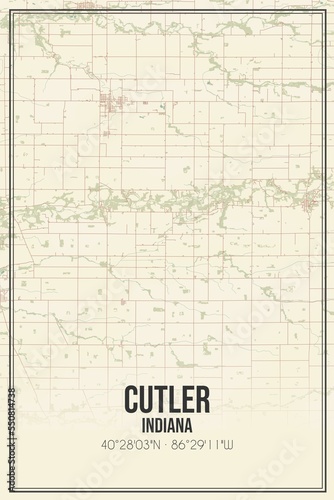 Retro US city map of Cutler, Indiana. Vintage street map.