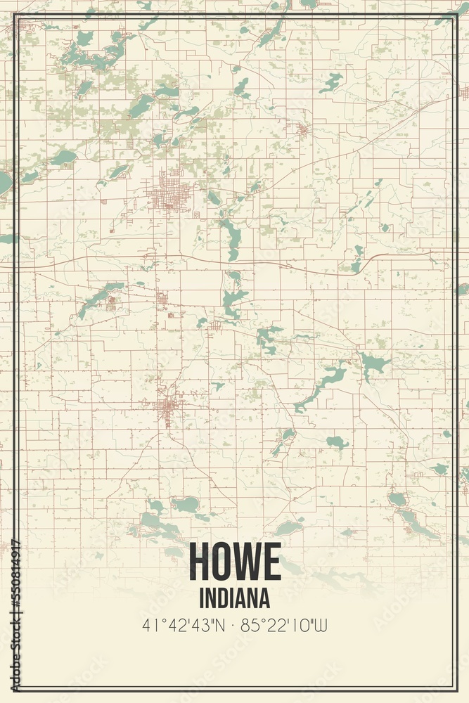 Retro US city map of Howe, Indiana. Vintage street map.