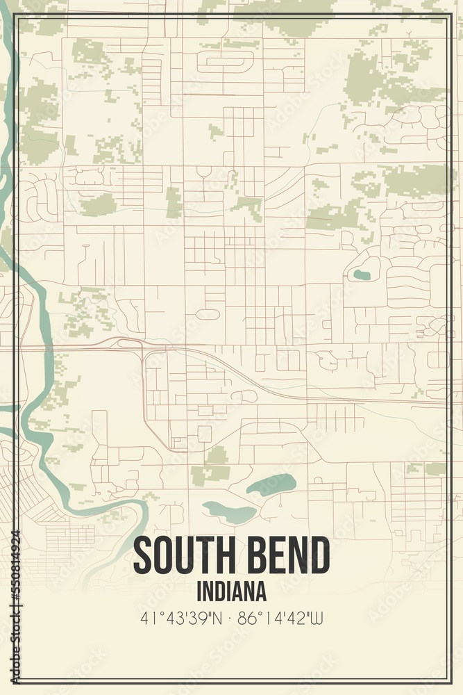 Fototapeta premium Retro US city map of South Bend, Indiana. Vintage street map.