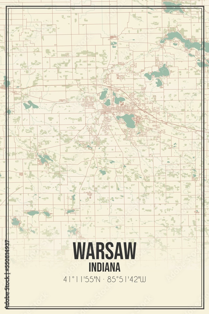 Retro US city map of Warsaw, Indiana. Vintage street map.