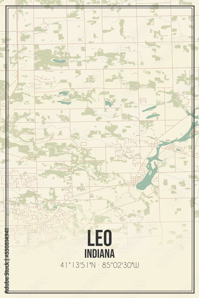 Retro US city map of Leo, Indiana. Vintage street map.