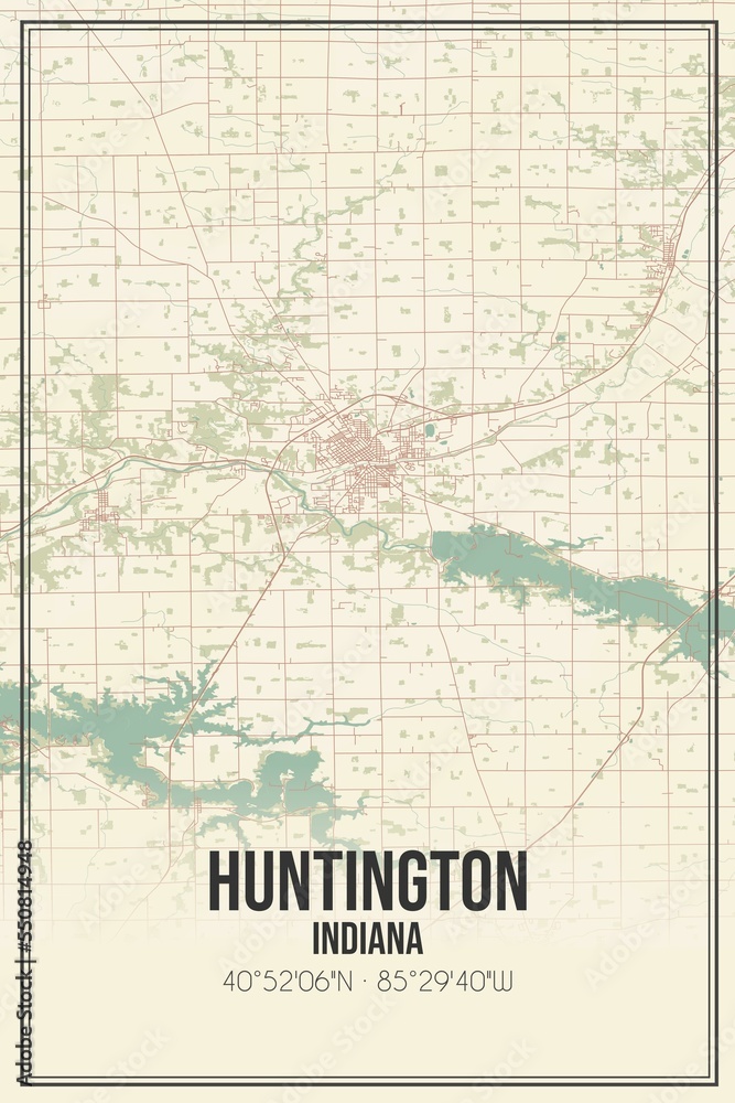 Retro US city map of Huntington, Indiana. Vintage street map.