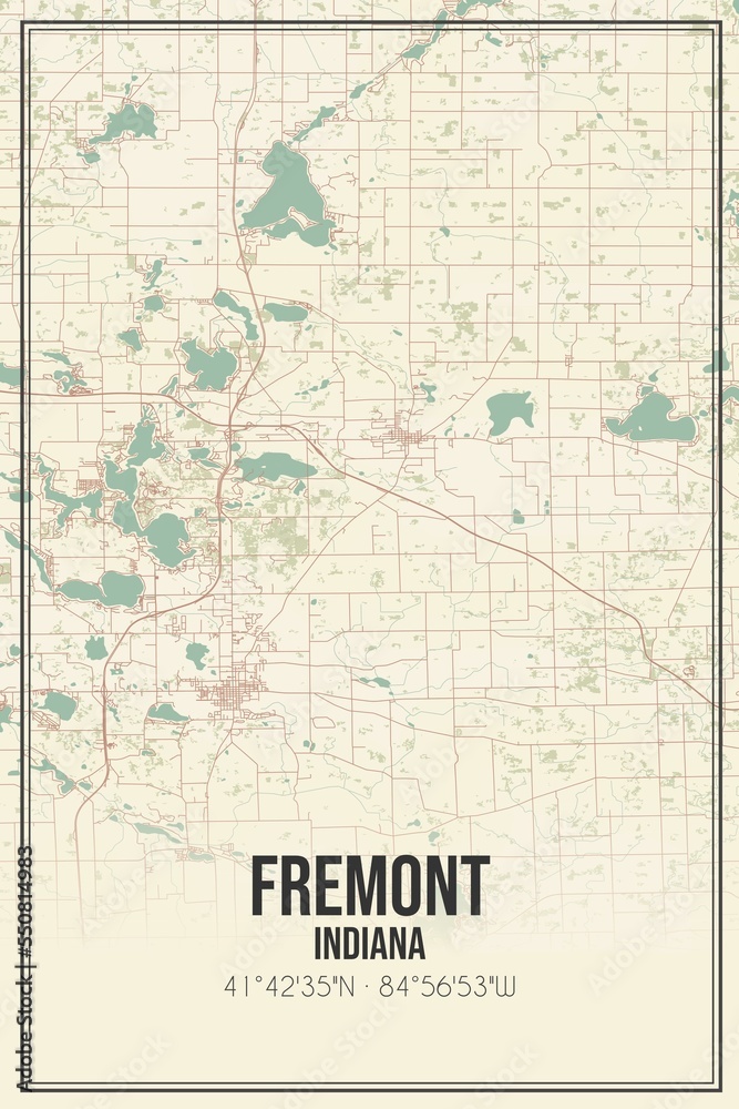 Retro US city map of Fremont, Indiana. Vintage street map.