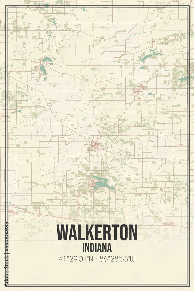 Retro US city map of Walkerton, Indiana. Vintage street map.