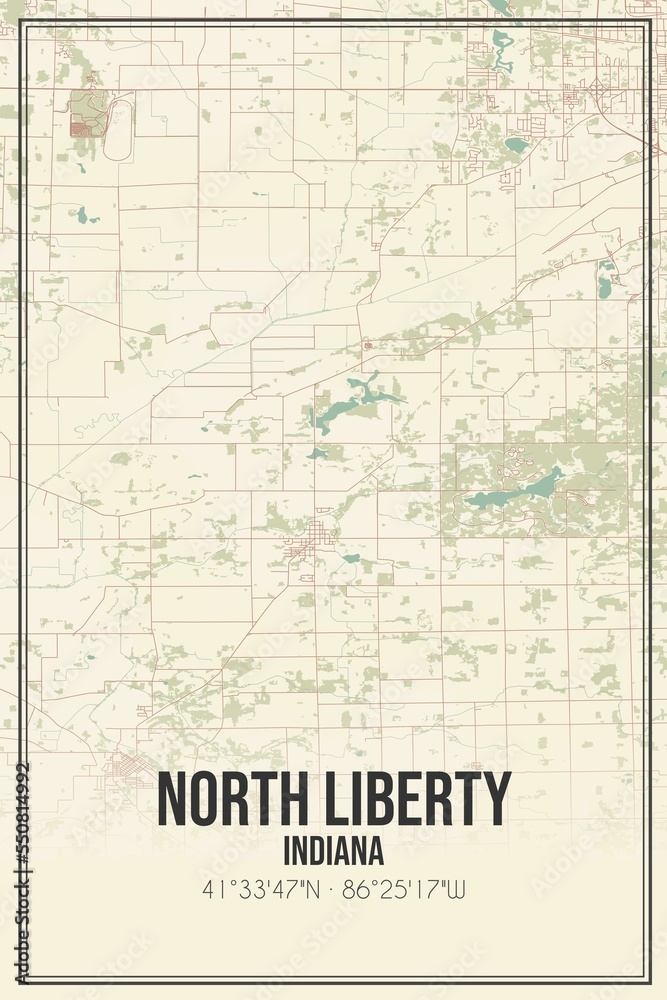 Retro US city map of North Liberty, Indiana. Vintage street map.