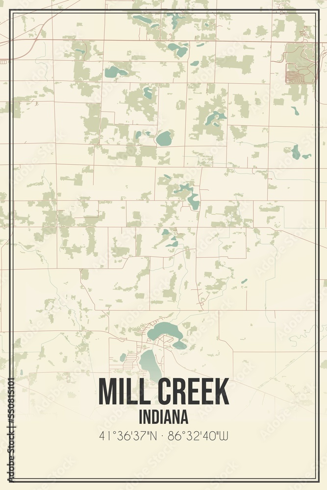Retro US city map of Mill Creek, Indiana. Vintage street map.