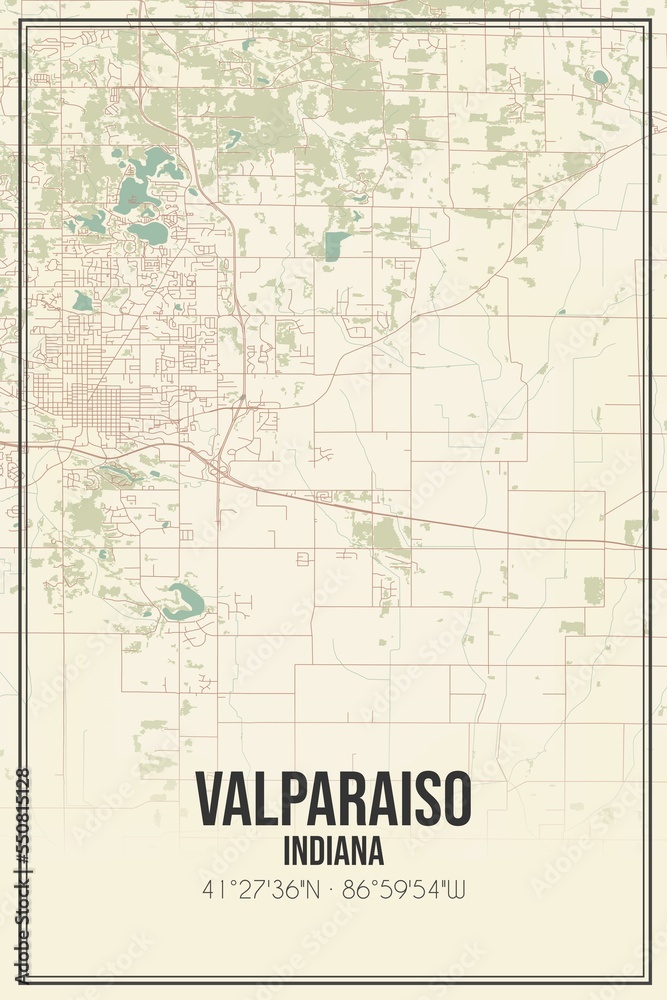 Retro US city map of Valparaiso, Indiana. Vintage street map.