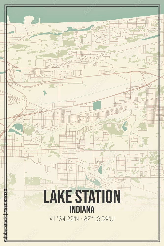 Obraz premium Retro US city map of Lake Station, Indiana. Vintage street map.