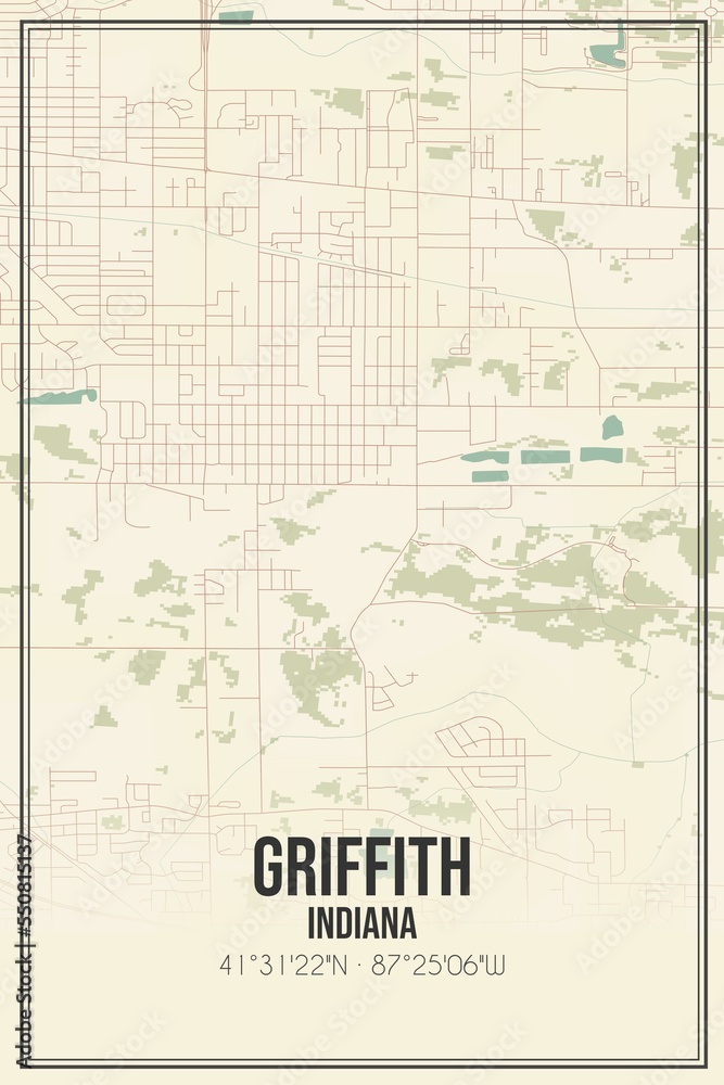 Retro US city map of Griffith, Indiana. Vintage street map.