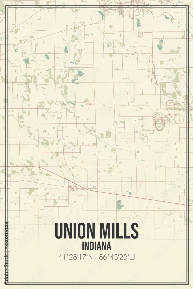 Retro US city map of Union Mills, Indiana. Vintage street map. Retro US city map of Union Mills, Indiana. Vintage street map.
