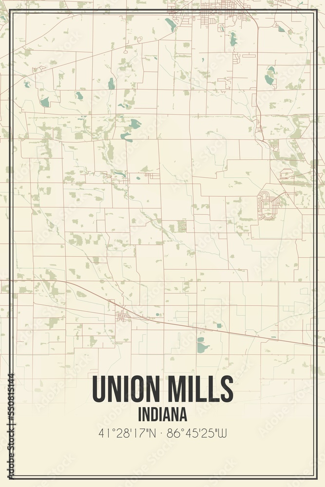 Retro US city map of Union Mills, Indiana. Vintage street map.