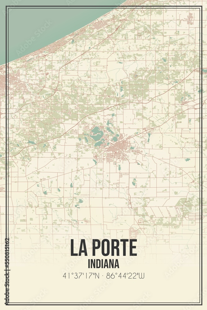 Retro US city map of La Porte, Indiana. Vintage street map.