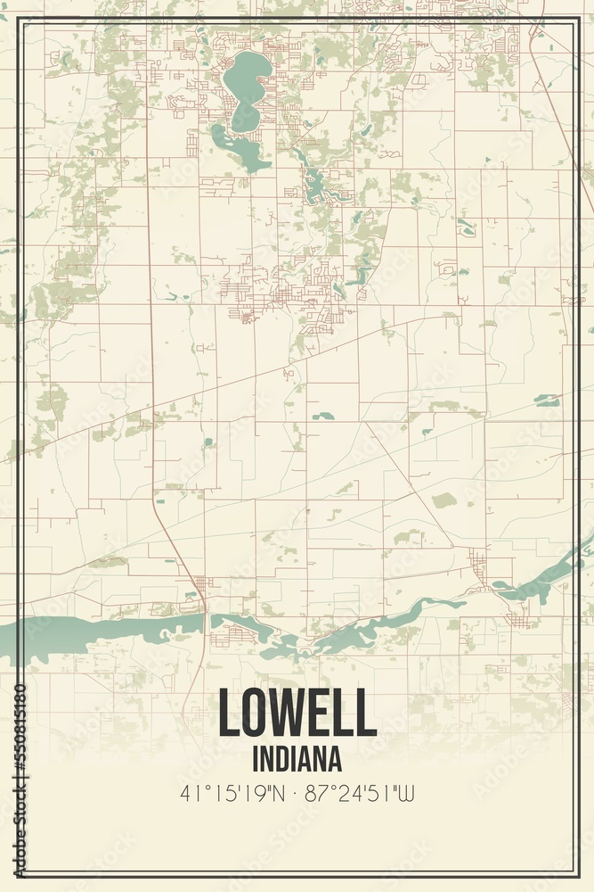 Retro US city map of Lowell, Indiana. Vintage street map.