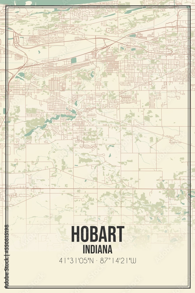 Retro US city map of Hobart, Indiana. Vintage street map.