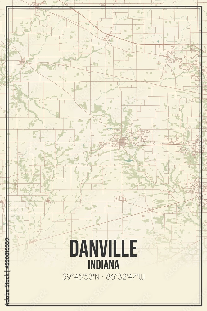 Retro US city map of Danville, Indiana. Vintage street map.